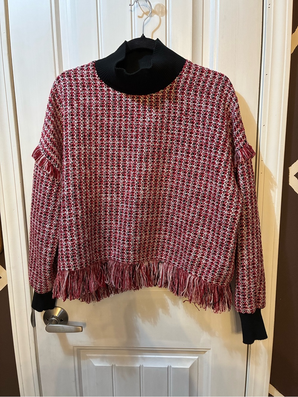 Zara Pink and Black Tweed Fringe Turtleneck Sweater